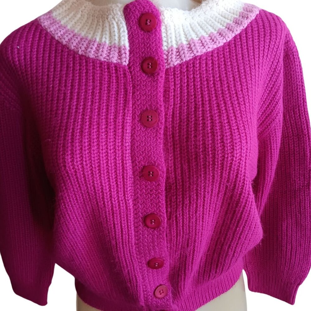 Women's Medium Vintage Cardigan Sweater 1970's Kenwyn Pink Knit  Cropped Cottage